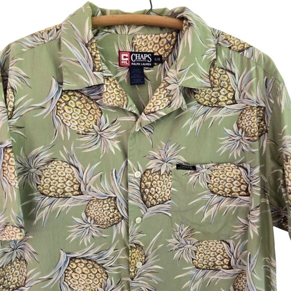 Chaps Ralph Lauren Mens Green Pineapple Print Hawaiian Short Sleeve Shirt Large - Picture 3 of 11